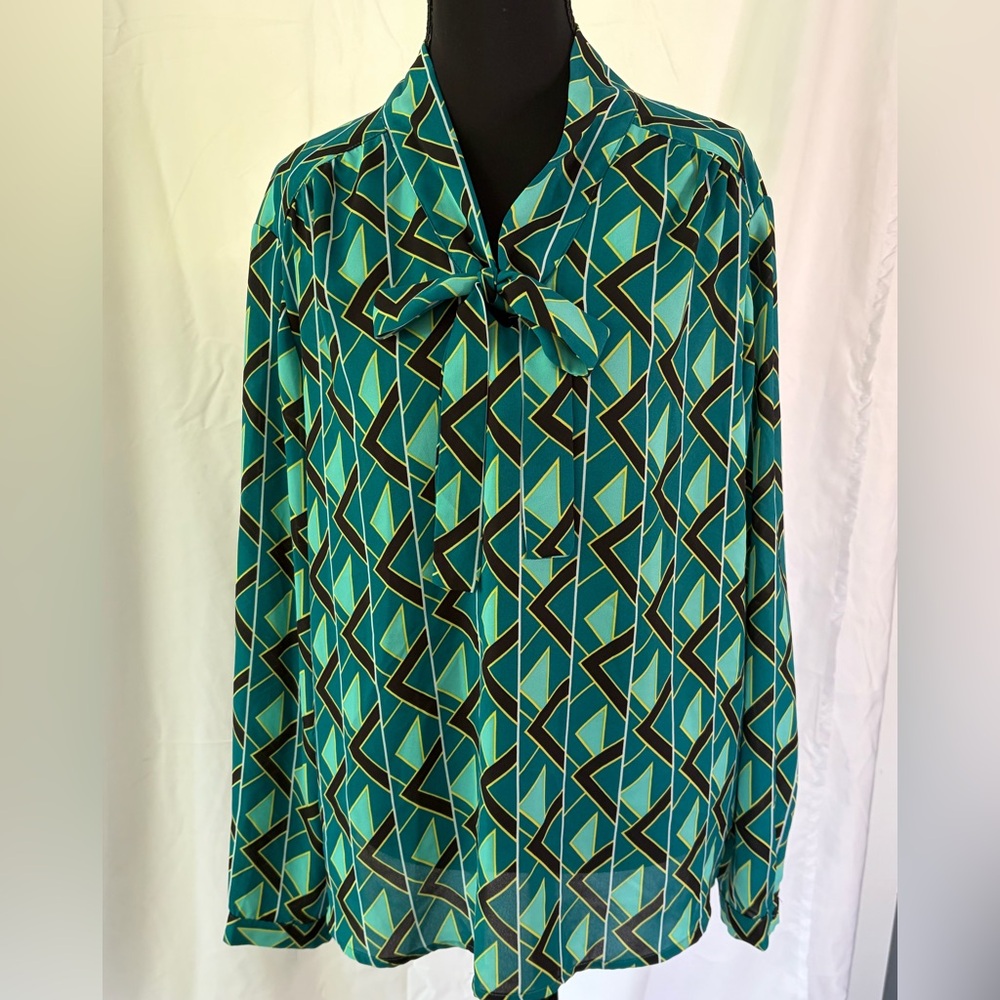 Jones New York Jones & Co Teal Geometric Tie Neck Blouse XL 1252875